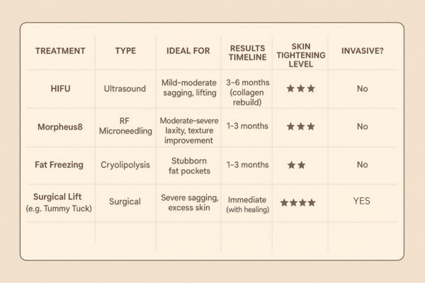 Table showing the comparisons of Skin tightening Greater London (Ealing) treatment options.